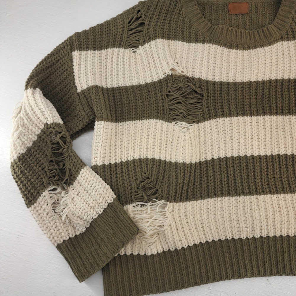 POL Olive Green Cream Striped Distressed Chunky Knit Sweater JST398 Womens Small - Picture 2 of 7